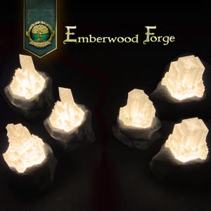 May include: Six white crystal-like structures with glowing lights inside, each sitting on a grey rock base. The text "Emberwood Forge" is displayed above the structures.