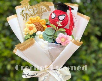 Spiderman Graduation Crochet Flower Plush Bouquet Gift, Gift for her, Gift for Him, Children’s School Celebration Gift, High School
