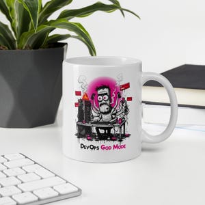 White glossy mug DevOps God Mode Mug, Funny Sysadmin Gift, On Call Coffee Cup, Engineer Humor, IT Gift