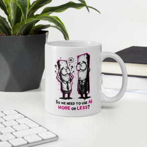 Witte glanzende mok AI min of meer mok, grappig technisch cadeau, koffiekopje programmeur, AI-humor, ontwikkelaar kantoorcadeau
