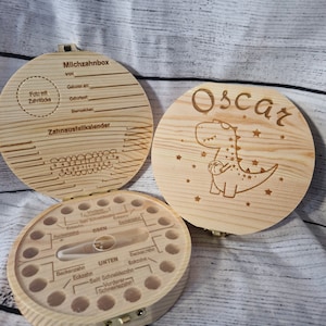 Personalisierte Holz Milchzähne Box Zahnbox für Milchzähne aus Holz unisex Zahndose Milchzähne Baby Geschenke Dinosaurier oder Pferd Bild 1