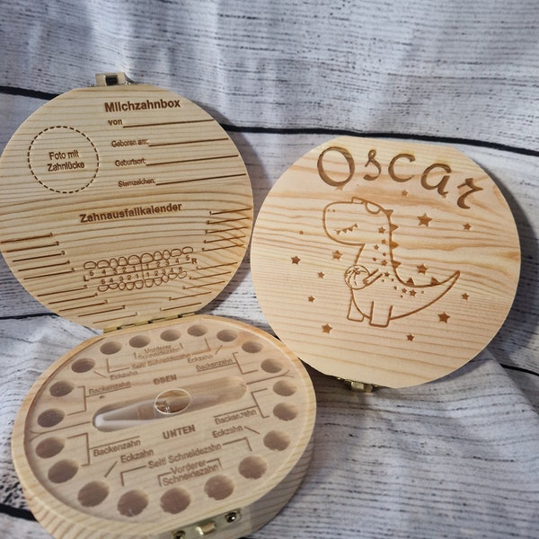 Personalisierte Holz Milchzähne Box - Zahnbox für Milchzähne aus Holz unisex - Zahndose Milchzähne - Baby Geschenke (Dinosaurier oder Pferd)