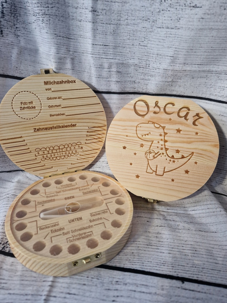Personalisierte Holz Milchzähne Box Zahnbox für Milchzähne aus Holz unisex Zahndose Milchzähne Baby Geschenke Dinosaurier oder Pferd Bild 1