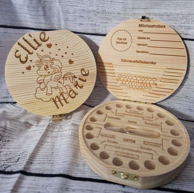 Personalisierte Holz Milchzähne Box Zahnbox für Milchzähne aus Holz unisex Zahndose Milchzähne Baby Geschenke Dinosaurier oder Pferd Bild 2
