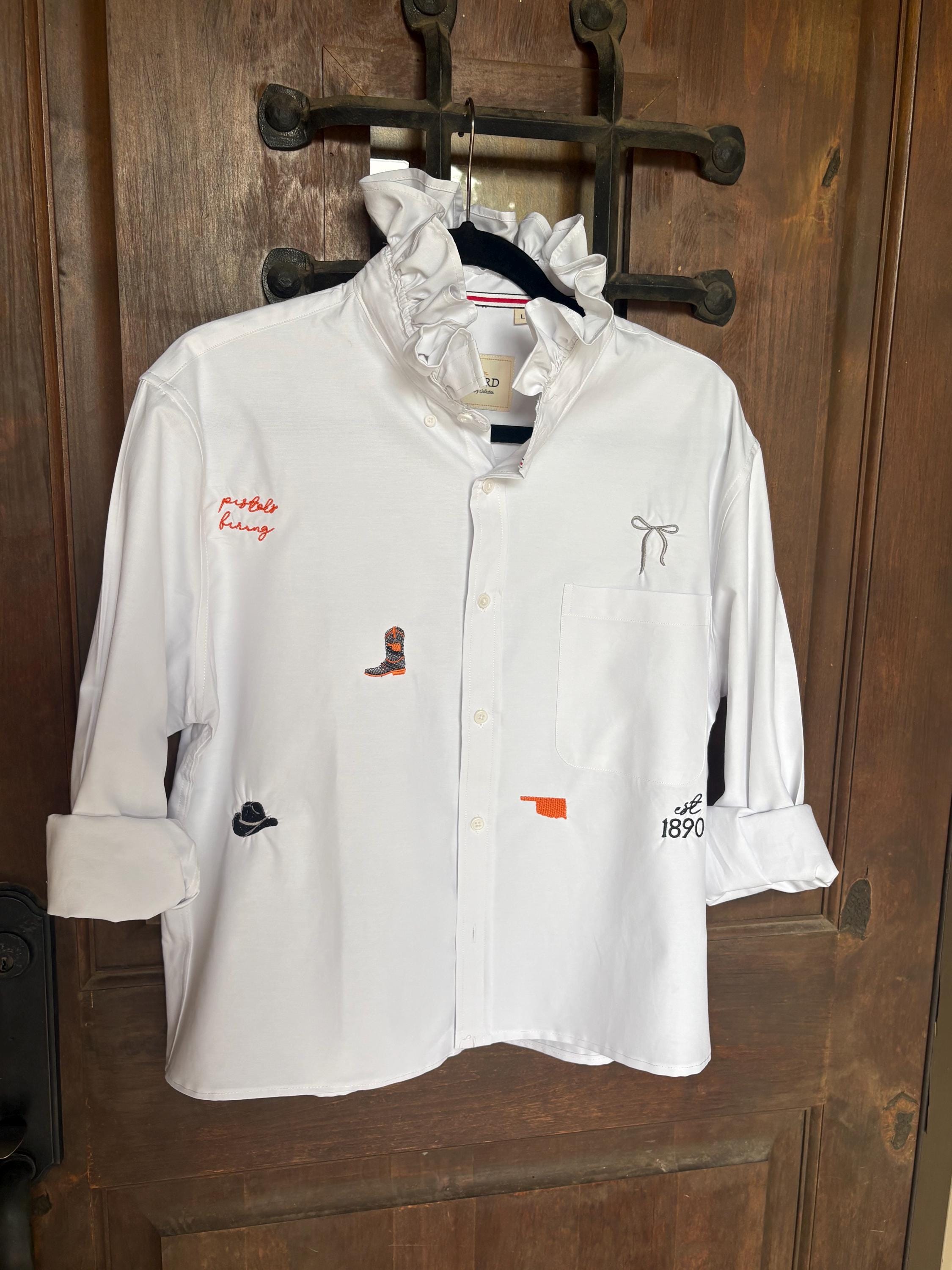 Custom Game Day Oxford Shirt Ruffle Collar Button Down Embroidered College Spirit Shirt Personalized Football Tailgate Outfit Women