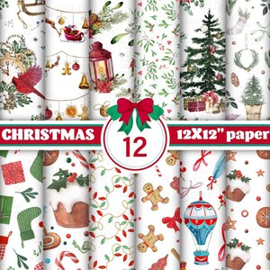 May include: Twelve 12x12 inch digital paper designs featuring a variety of Christmas themes, including a red cardinal, a gingerbread man, a hot air balloon, and a Christmas tree. The papers are perfect for scrapbooking, card making, and other crafting projects.