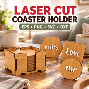 May include: A wooden coaster holder containing a stack of coasters, accompanied by three individual coasters in hexagonal, square, and circular shapes. Each coaster features white text reading mrs, Love, and mr respectively.