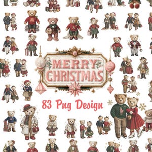 May include: A collage of illustrated teddy bears in festive outfits, some holding gifts or Christmas trees. A sign reads "MERRY CHRISTMAS" with the text "83 Png Design". The bears are dressed in red, green, and white, celebrating the holiday season.