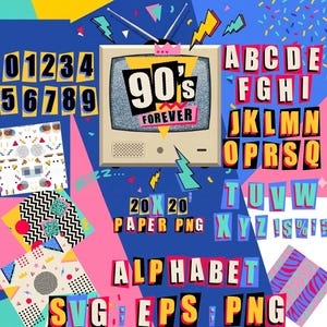 90s Retro Alphabet SVG PNG: Bold Party Letters, Digital Paper (Digital Download)