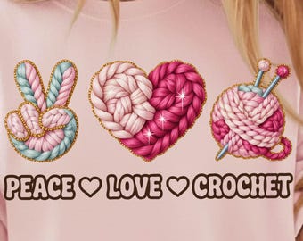 Hilo grueso Paz Amor Crochet PNG • Corazón tejido Manualidades Clipart • Diseño VDAY