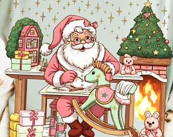 Coquette Pink Santa Toyshop PNG, Santa Workshop Christmas Sublimation, Trendy Xmas Digital Download