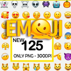 Könnte beinhalten: Eine Sammlung von 125 Emoji-Symbolen mit verschiedenen Ausdrücken, darunter lächelnde Gesichter, Totenköpfe und Katzen. Das Wort "EMOJI" wird in großen gelben Buchstaben angezeigt, darunter der Text "NEW 125 ONLY PNG - 300DPI".
