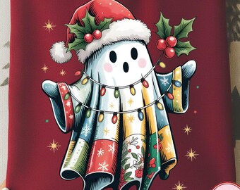 Retro Patchwork Ghost PNG, Vintage Halloween Christmas  Sublimation, Cozy Quilt Style PNG