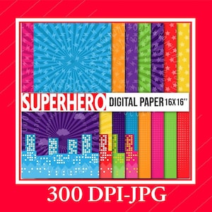 Digitales Superhelden-Papier, die berühmtesten Superhelden-Digital-Papiere, Comic-Sammelalbum-Papiere, Superheld-Design für Stoff, 16 Designs 40 x 40 cm