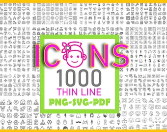 Paquete de 1000 iconos: líneas finas SVG, PNG, PDF (descarga digital)