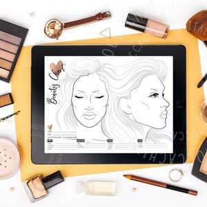Könnte beinhalten: Ein digitales Tablet zeigt eine druckbare Beauty-Tabelle mit einer Zeichnung eines Frauen Gesichts. Das Tablet ist von Make-up-Produkten umgeben, darunter Lidschattenpaletten, Puderkompaktas und ein Make-up-Pinsel.