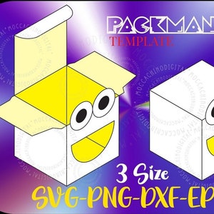 May include: A digital download template for a Pac-Man box. The template includes three different sizes of the box, which can be used to create a fun and unique gift box. The box is designed with a yellow Pac-Man face and a white background.