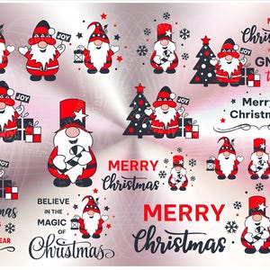 May include: A digital download of 12 Christmas gnome illustrations. The gnomes are wearing red hats and have white beards. The illustrations include the text "Merry Christmas", "Joy", and "Believe in the Magic of Christmas".