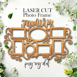 Moldura para colagem de fotos de família em SVG: Modelo para corte a laser CNC (Download digital, 49 x 31 cm, 7 fotos)