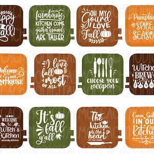 May include: Set of 10 colorful square pot holders with fall-themed designs and text. The designs include pumpkins, gourds, witches, and kitchen-related sayings. The text includes "Happy Fall Y'all", "Farmhouse Kitchen Come Gather Around Are Taller", "Oh My Gourd I Love Fall", "Pumpkin Spice Season", "Welcome To Our Farmhouse", "I Love Fall Most Of All", "Choose Your Weapon", "Witches Brew", "It's Fall Y'all", "The Kitchen Is The Heart Of The Home", and "Come Gather In Our Kitchen".