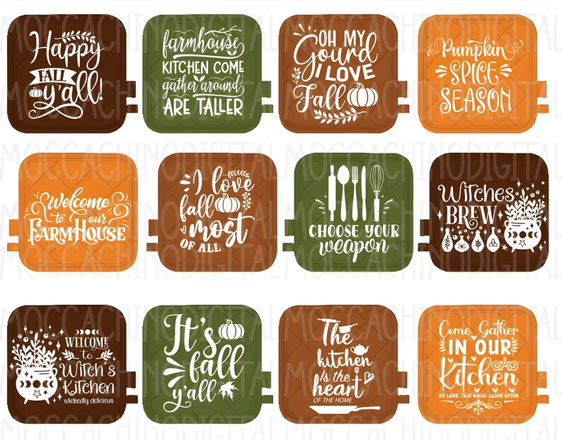 May include: Set of 10 colorful square pot holders with fall-themed designs and text. The designs include pumpkins, gourds, witches, and kitchen-related sayings. The text includes "Happy Fall Y'all", "Farmhouse Kitchen Come Gather Around Are Taller", "Oh My Gourd I Love Fall", "Pumpkin Spice Season", "Welcome To Our Farmhouse", "I Love Fall Most Of All", "Choose Your Weapon", "Witches Brew", "It's Fall Y'all", "The Kitchen Is The Heart Of The Home", and "Come Gather In Our Kitchen".