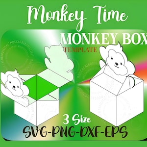 May include: A digital template for a monkey-themed box design. The image displays three box variations with monkey face illustrations. Text includes "Monkey Time", "Monkey Box", "Template", "3 Size", and "SVG-PNG-DXF-EPS". The background is green.