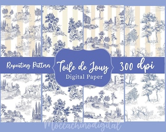 Toile De Jouy (Set of 8), French Pastoral Romantic Wallpaper, Seamless Pattern Repeating JPG