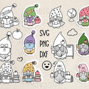Teacher Gnomes Bundle SVG For Cut File, Gnome Doodle, Earth Doodle, hand drawn GNOMES, Cartoon, svg,png, for cricut Silhouette,Cameo