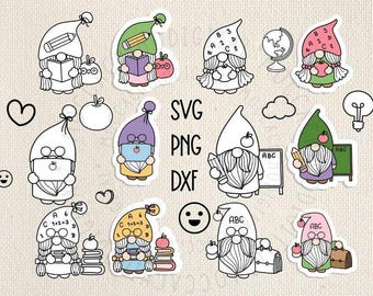 Teacher Gnomes Bundle SVG For Cut File, Gnome Doodle, Earth Doodle, hand drawn GNOMES, Cartoon, svg,png, for cricut Silhouette,Cameo