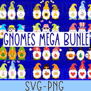 Peut inclure: Une image numérique présentant diverses illustrations de gnomes sur des thèmes variés, notamment des abeilles, des œufs de Pâques, des trèfles et des citrouilles. Le texte "GNOMES MEGA BUNDLE" est affiché. Le bas de l'image contient le texte "SVG-PNG".