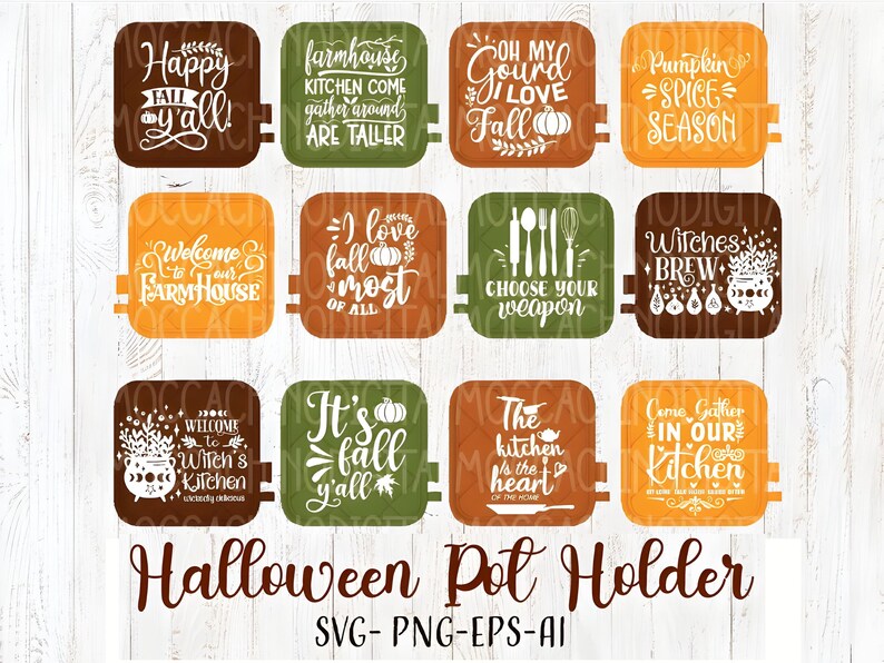 🎃👻 Spooky season is here! Get your kitchen ready with our Halloween Pot Holder design bundle. These digital cut files are perfect for adding a festive touch to your fall decor. With 12 unique designs in SVG, PNG, EPS, and AI formats,