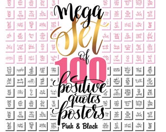 Positive Quotes PNG SVG Bundle | 100 Motivational Wall Art Pink and Black Prints