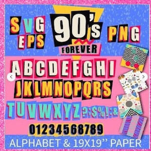 Alfabet i cyfry lat 90. i 80., litery z lat 90. w stylu vintage, nostalgia lat dziewięćdziesiątych, litery retro party svg, papier retro 19''x19'', litery cyfrowe