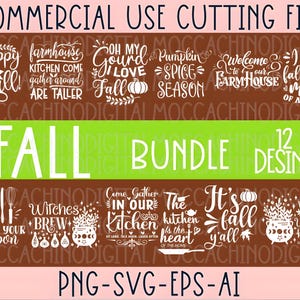 May include: A digital download of 12 fall-themed SVG designs, perfect for crafting and creating projects. The designs include phrases like "Happy Fall Y'all!" and "Come Gather in Our Kitchen".