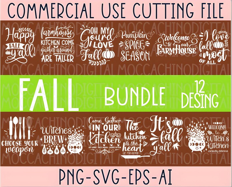 May include: A digital download of 12 fall-themed SVG designs, perfect for crafting and creating projects. The designs include phrases like "Happy Fall Y'all!" and "Come Gather in Our Kitchen".