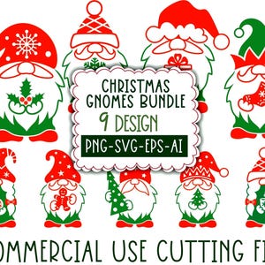 Peut inclure: Ensemble de neuf motifs de gnomes de Noël en rouge, vert et blanc. Chaque gnome présente un design unique, avec des flocons de neige et des bonhommes en pain d'épices. Le texte indique "Christmas Gnomes Bundle 9 Design PNG-SVG-EPS-AI Commercial Use Cutting File."