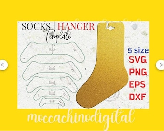 May include: A digital download template for creating sock hangers. The template includes five different sizes of sock hangers, with a gold sock hanger shape on the right side of the image. The text "Socks Hanger Template" is at the top of the image, and the text "moccachinodigital" is at the bottom of the image. The text "5 size SVG PNG EPS DXF" is on the right side of the image.