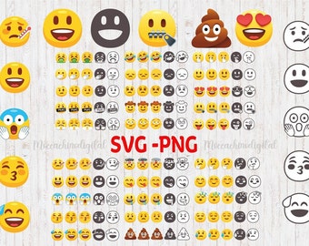May include: A set of 100 yellow, black and white emoji icons in various expressions, including happy, sad, surprised and angry. The icons are arranged in a grid pattern on a woodgrain background. The text "SVG-PNG" is in red letters at the bottom of the image.