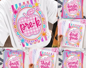 Preppy Teacher Apple PNG Bundle: Pink Gingham Grade Level PNG, Pre-K Kindergarten 1st 2nd 3rd 4th Grade, First Day School Shirt Sublimation