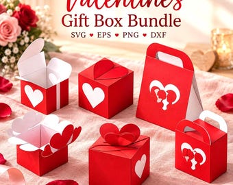 May include: A Valentine's Gift Box Bundle digital file set featuring red and white paper gift boxes with heart cutouts. The text reads Valentine's Gift Box Bundle SVG EPS PNG DXF. The boxes include square containers and handled bags.