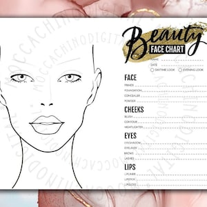 Grafico del volto femminile, formazione sul trucco, grafico del volto di bellezza per, fogli di pratica stampabili per truccatori, tabella di trucco, modello viso,
