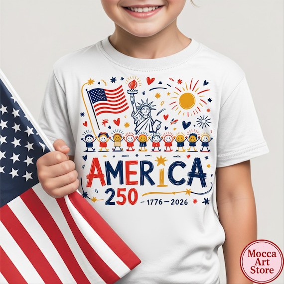 America 250 Kids Clipart, Doodle Patriotic Design (PNG)