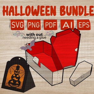 May include: Halloween bundle of printable SVG, PNG, PDF, AI, and EPS files. The bundle includes a coffin box, a pumpkin box, and a bat. The text "with out needing a glue" is also included in the image.