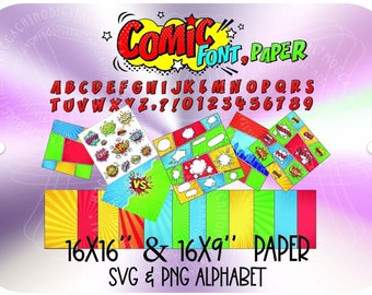 May include: Comic font paper with a colorful alphabet, numbers, and punctuation marks. The paper is 16x16 inches and 16x9 inches. The alphabet is also available in SVG and PNG formats.