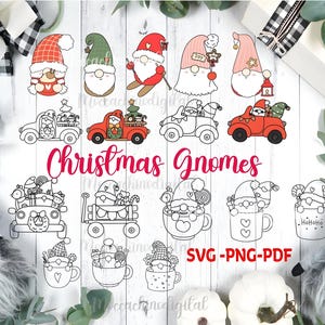 May include: A set of 16 Christmas gnome illustrations, featuring gnomes in various poses, gnomes riding in cars, and gnomes holding Christmas-themed items. The illustrations are in black and white and colour. The text "Christmas Gnomes" is written in red cursive letters. The text "SVG - PNG - PDF" is written in black letters.