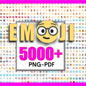 Puede incluir: Una imagen amarilla y blanca con la palabra "EMOJI" en letras amarillas grandes y una cara sonriente amarilla con gafas. Debajo de la palabra "EMOJI" está el texto "5000+ PNG-PDF" en letras rosas.