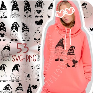 Pacote de 53 gnomos SVG para arquivo de corte, gnomo de valentim cortado a laser, rabisco de Natal, gnomos desenhados à mão, svg, png, para silhueta cricut, cameo