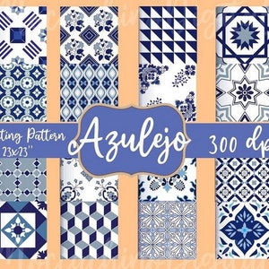 Puede incluir: Un conjunto de ocho patrones de papel digital con diseños geométricos azules y blancos. Los patrones están etiquetados como "Azulejo" y "Repeating Pattern 23x23" y tienen una resolución de 300 dpi.