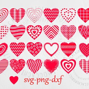 May include: Set of 20 red and white heart-shaped designs with various patterns, including stripes, polka dots, and zigzags. The designs are perfect for crafting projects, scrapbooking, and more.  svg-png-dxf