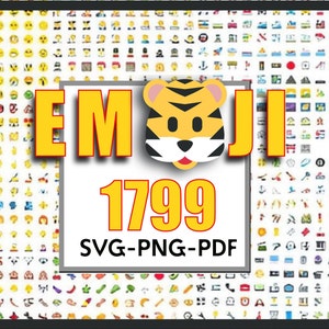 May include: A colorful image with a background of hundreds of emojis. The image features a yellow, red, and black tiger emoji with the text "EMOJI 1799 SVG-PNG-PDF" in yellow letters.